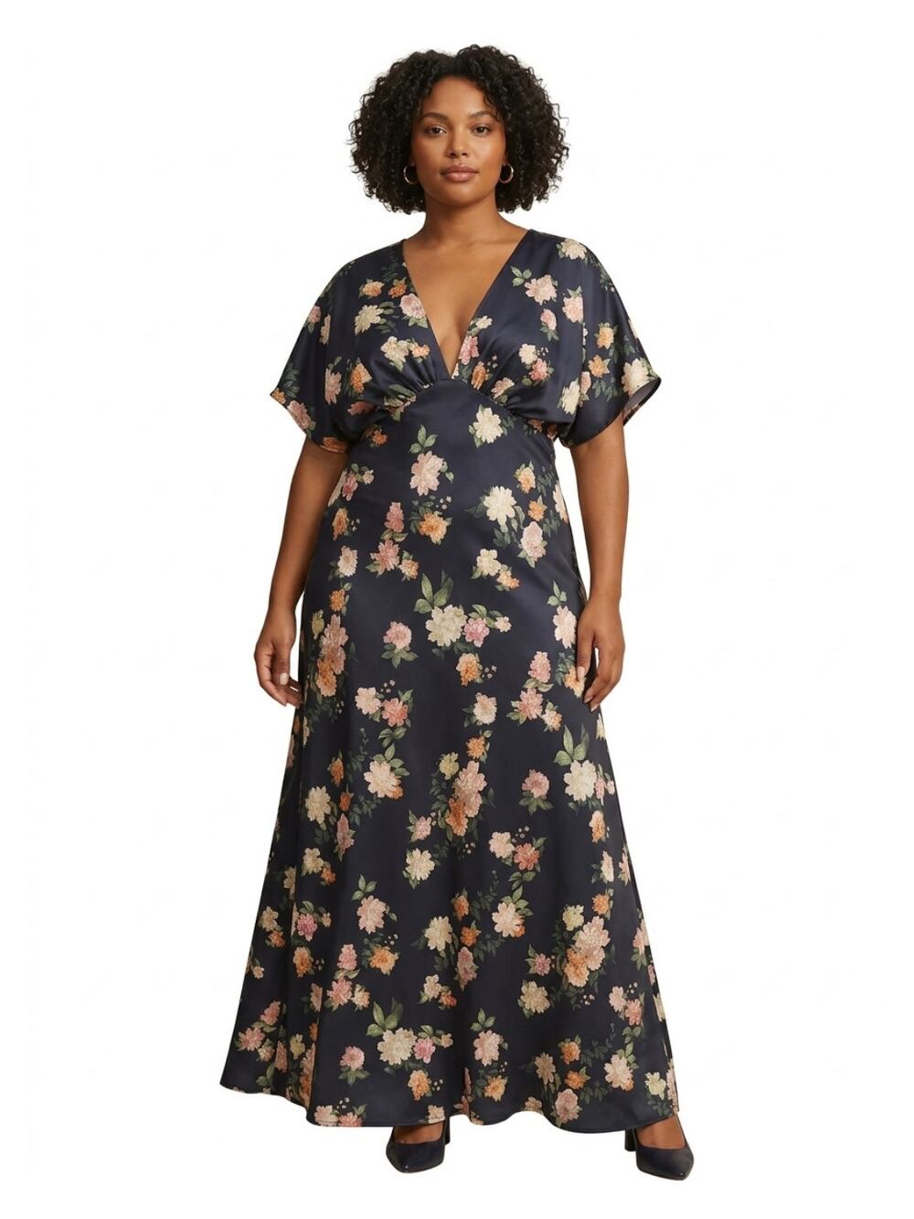 BHLDN Leila Deep-V Flutter Sleeve Satin A-Line Gown 16 Navy Blue Floral Anthro